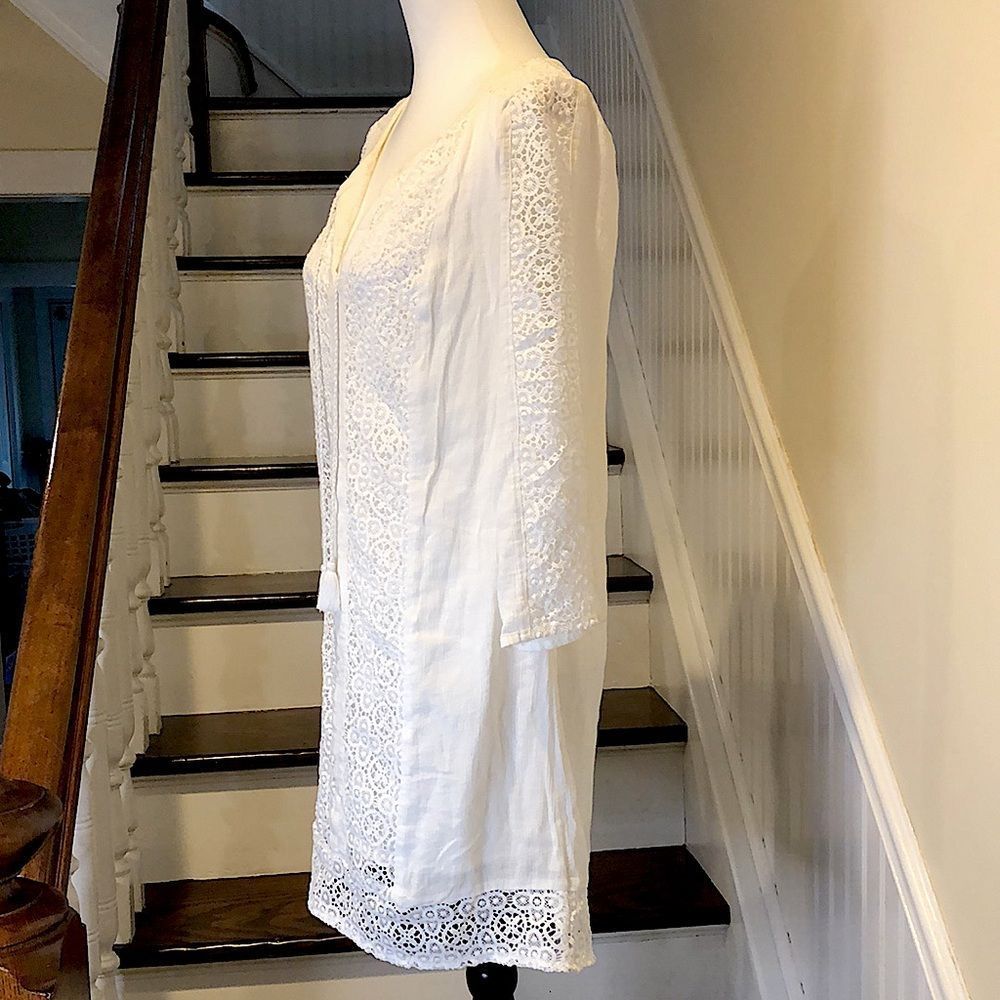 LUCKY BRAND Fully Lined White Crochet Long Sleeve Tunic w Tassels Sz Small - Picture 5 of 16